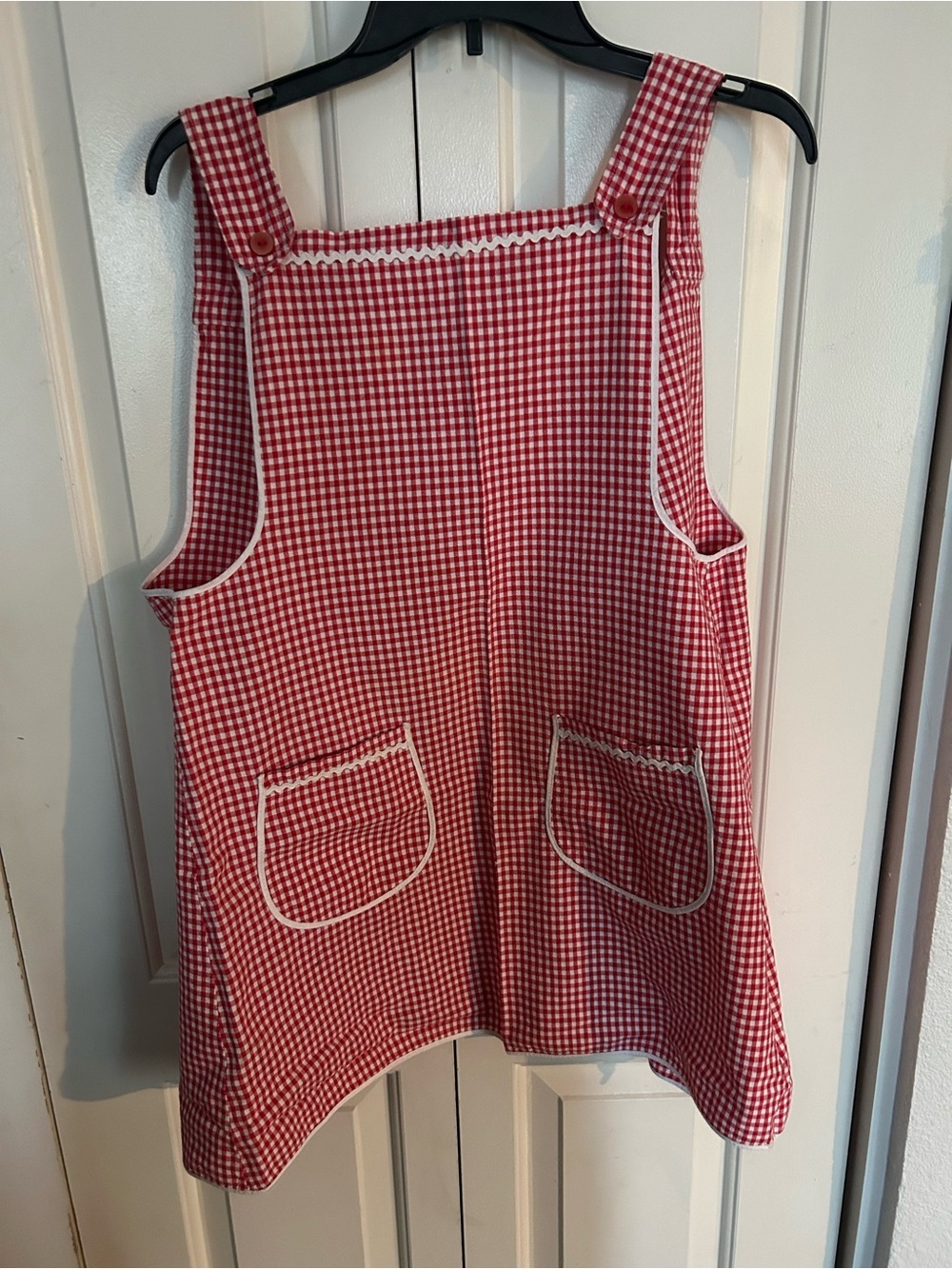 Red Gingham Checkered Apron with Pockets Button Back Closure Handmade Kitchen